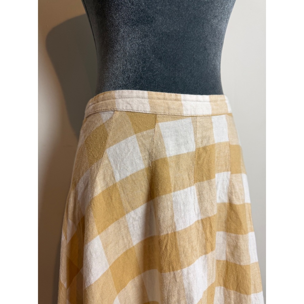 Tan White Gingham Linen Blend Midi A-Line Skirt picnic flowy preppy size 6 - Picture 4 of 8